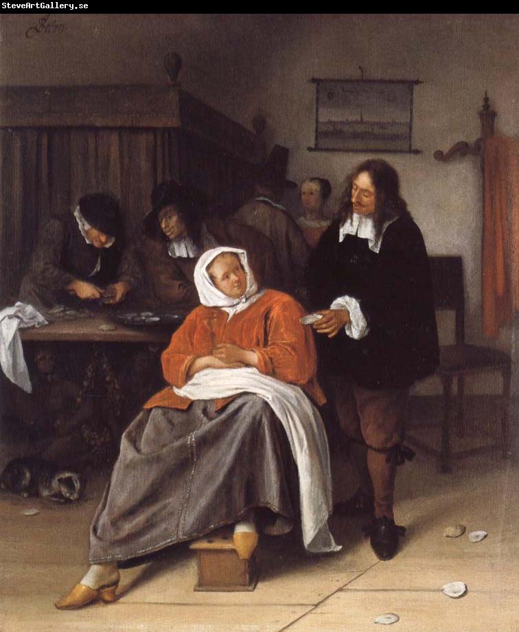 Jan Steen An Interior with a Man Offering an Oyster to a Woman